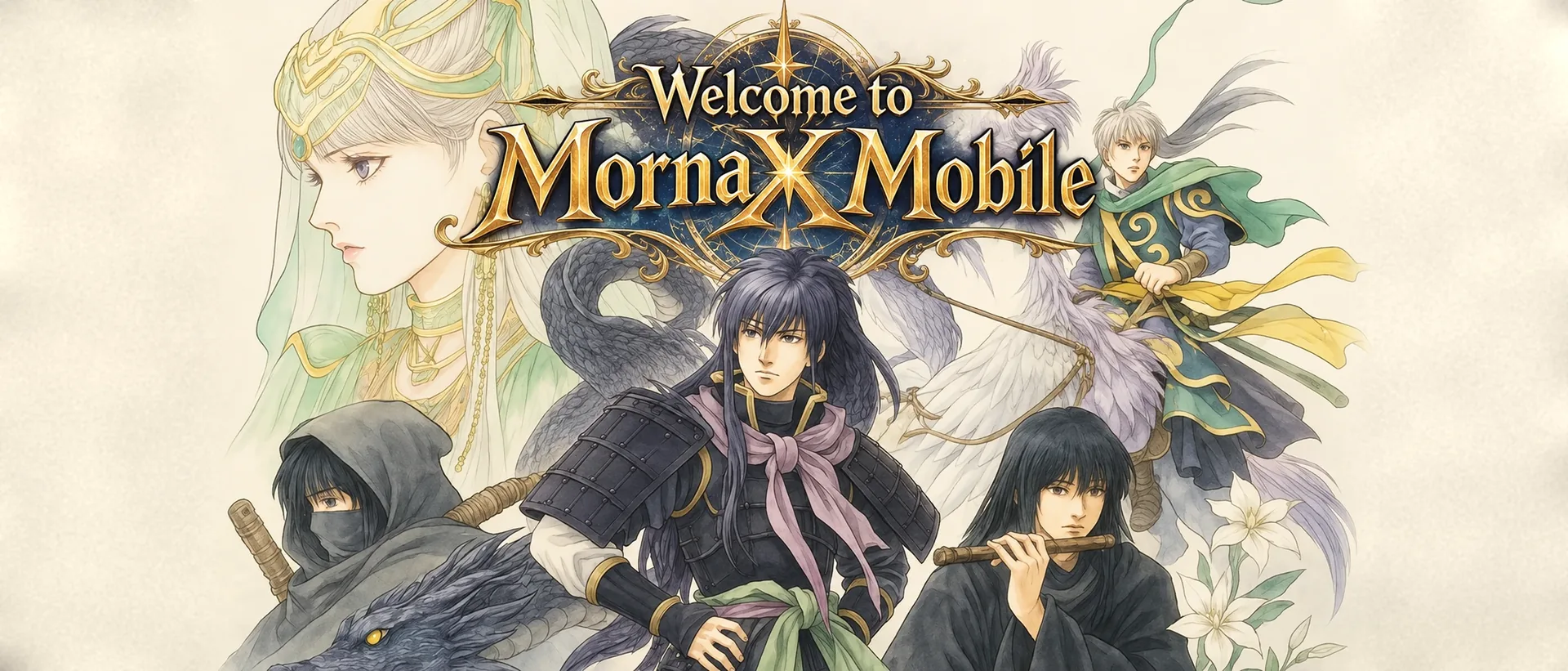 Para pahlawan MornaX di bawah tulisan Welcome to MornaX Mobile